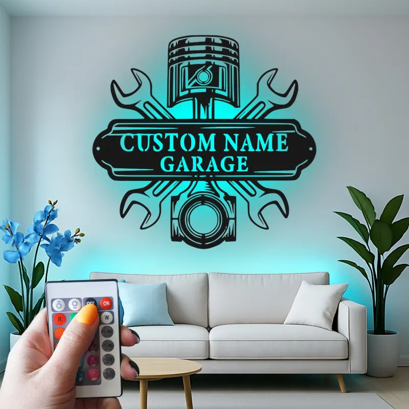 Insegna LED personalizzata per garage | Insegna in metallo personalizzata per meccanici | Regalo per papà appassionato di auto | Decorazione officina