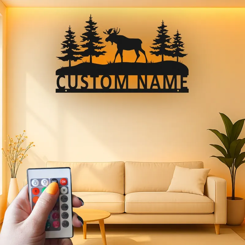 Custom Moose Metal Wall Art | Personalized LED Sign for Cabin Decor | Rustic Forest Scene for Outdoorsman Gift | Backlit Wildlife Art