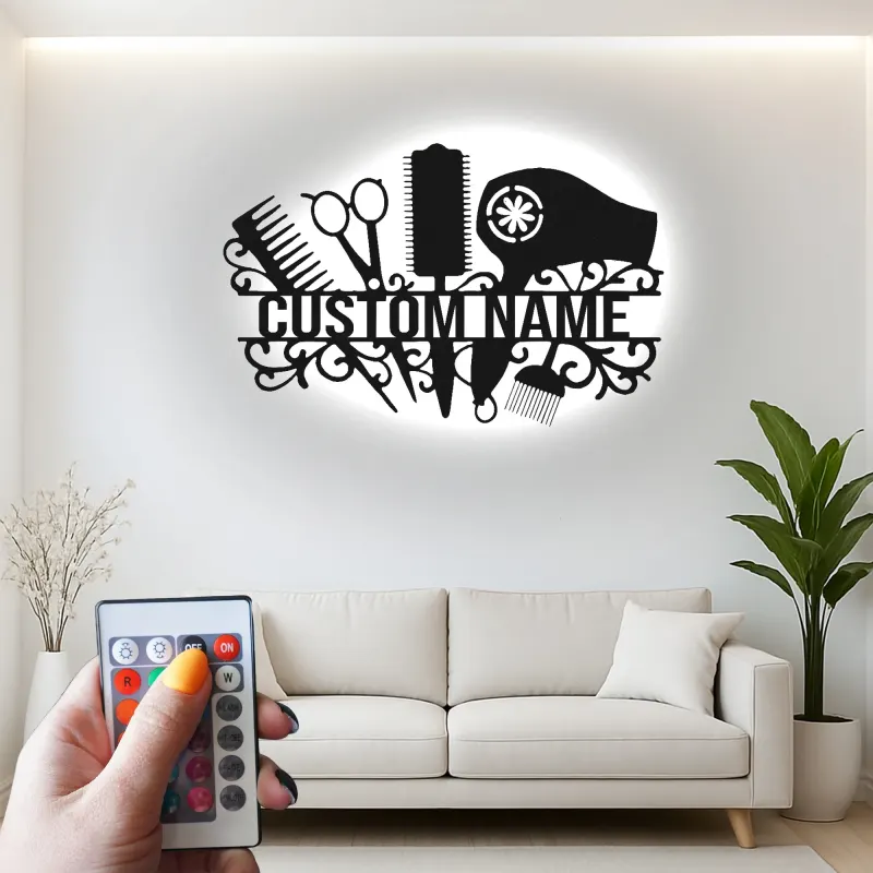 Personalized Salon Sign | Custom Hair Stylist LED Decor | Metal Wall Art for Hairdresser | Light Up Beauty Shop Nameplate