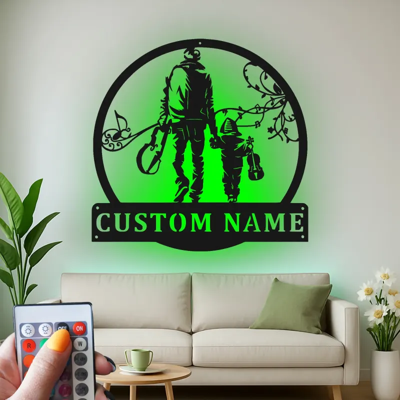 Personalisiertes LED-Metall-Wandbild Vater und Kind mit Musikmotiv – Geschenk für Musikliebhaber, Wohnzimmerdeko