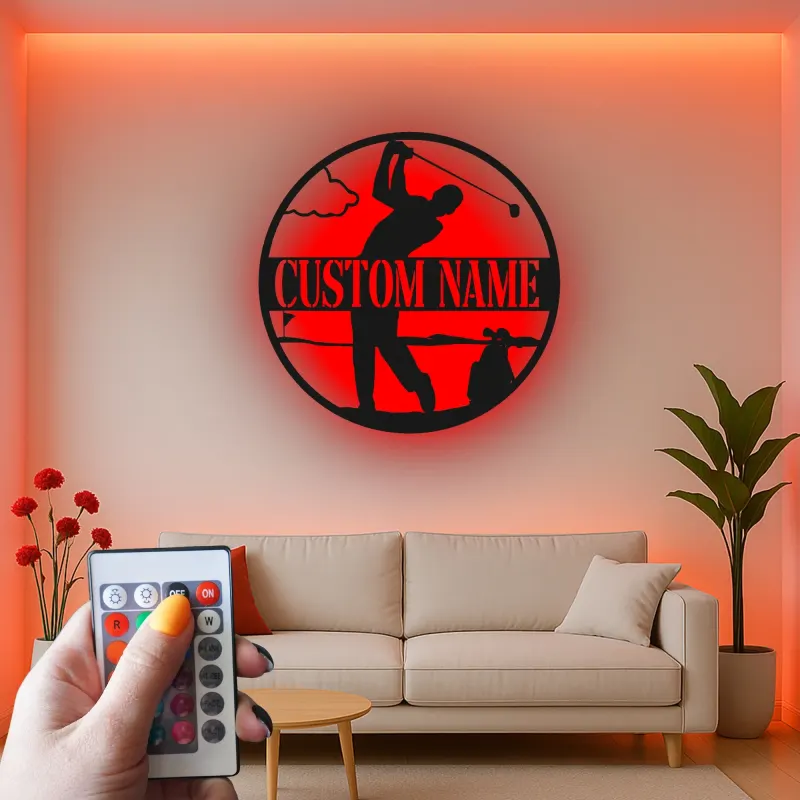 Personalized Golfer Metal Sign | LED Lighted Golf Wall Art | Custom Name Decor for Man Cave & Office Gift
