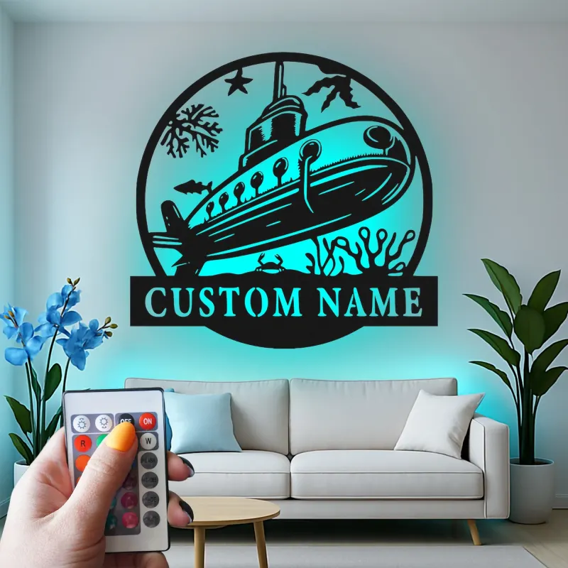 Panneau en métal sous-marin personnalisé avec rétroéclairage | Décoration murale nautique personnalisée | Décor océanique pour chambre d'enfant ou cadeau de marin
