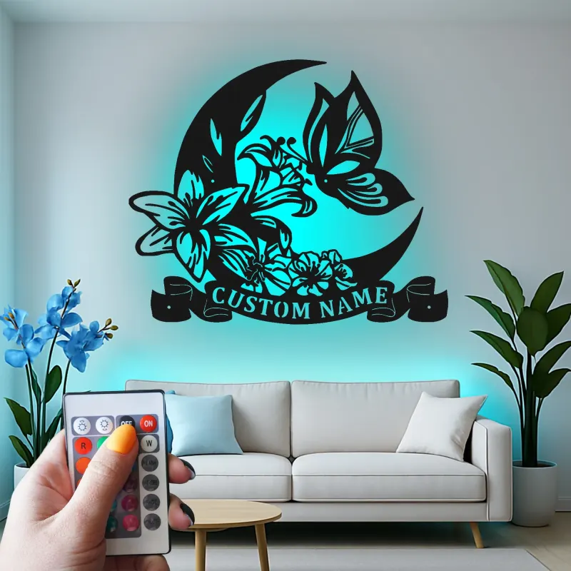 Insegna in metallo LED personalizzata con luna e farfalla - Regalo per lei, decorazione per camera da letto o nursery
