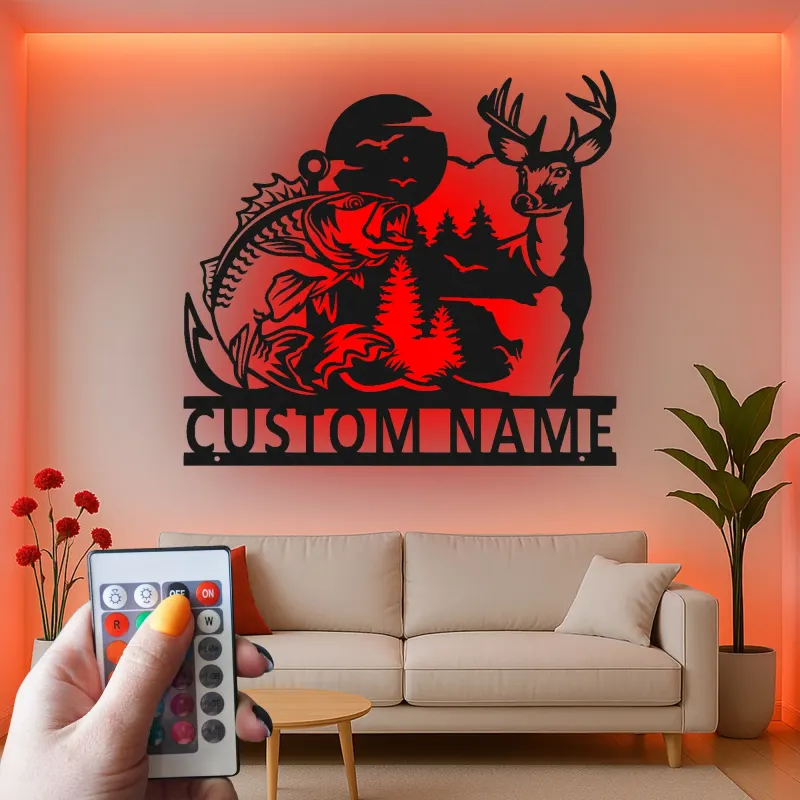 Insegna in metallo personalizzata con cervo e pesce persico retroilluminata LED regalo per amanti della natura decorazione per cabin o man cave