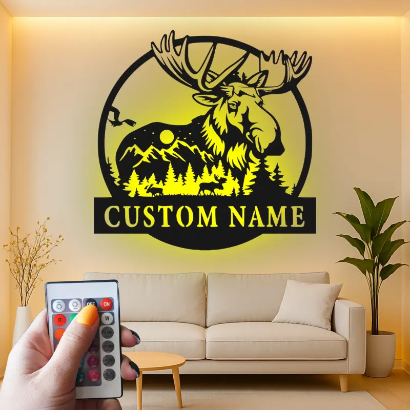 Custom Moose Metal Sign with LED | Personalized Wildlife Wall Art for Cabin Decor | Rustic Lodge & Hunter Gift