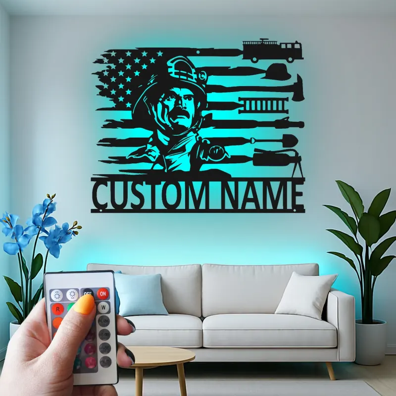 Cartel de Metal de Bombero Personalizado con LED | Arte Mural LED Patriótico de Bandera Americana para Regalo de Bombero