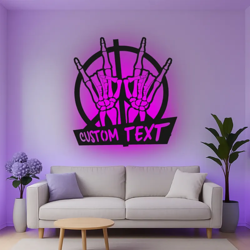 Insegna in metallo personalizzata con mano scheletrica e segno di pace luce LED regalo unico per fan della musica decorazione camera musicale