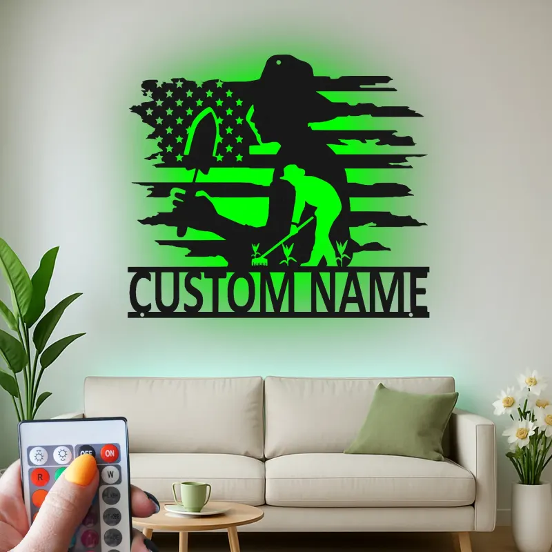 Arte mural LED de metal para jardinero | Cartel de jardín personalizado con bandera de EE. UU. | Decoración personalizada para jardín y patio