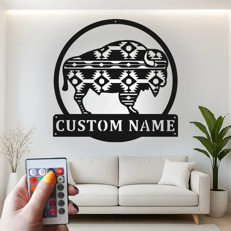 Insegna in metallo LED personalizzata con bufalo, regalo per amanti della natura, decorazione rustica per casa