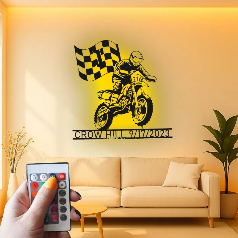 Panneau LED Motocross Personnalisé | Décoration Murale en Métal sur Mesure | Nom et Numéro du Pilote | Décor de Garage Sportif