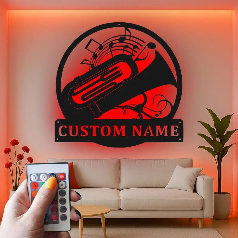 Insegna in metallo personalizzata con tuba LED - Regalo per musicisti - Decorazione per amanti della musica