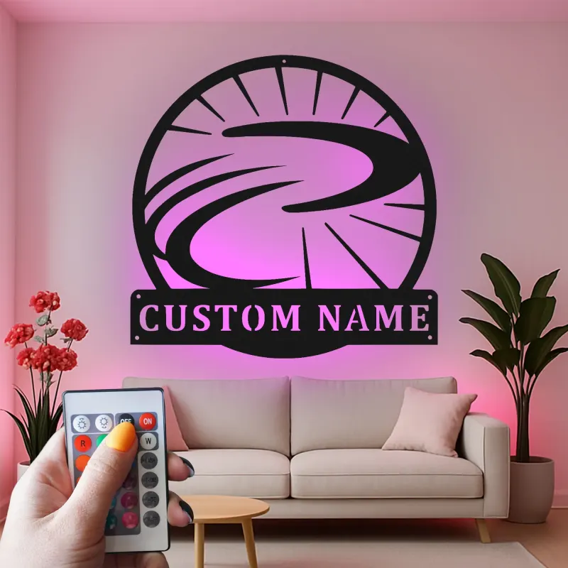 Insegna in metallo LED personalizzata con ruota di bicicletta regalo per ciclisti decorazione per garage o soggiorno