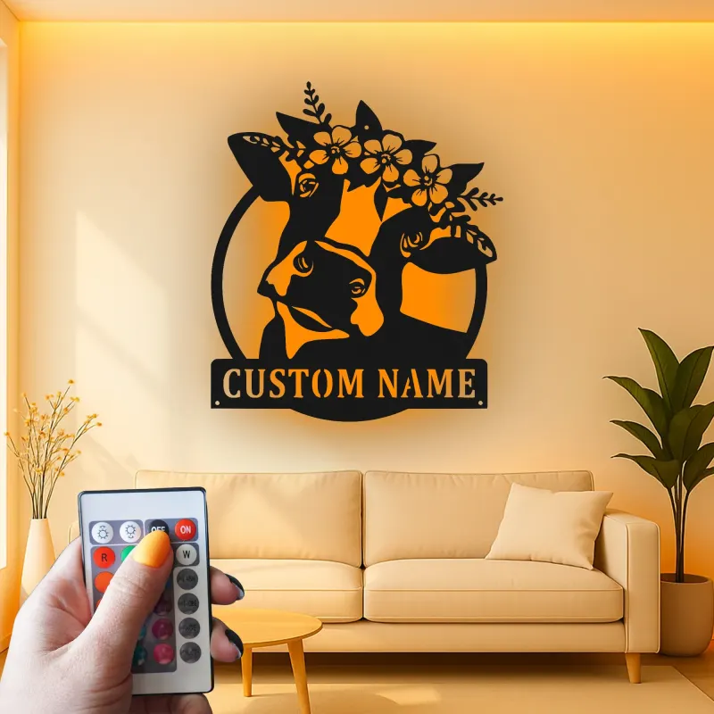 Custom Deer with Floral Crown Led Light Metal Wall Art Personalized Nature Lover Gift Bedroom or Living Room Decor