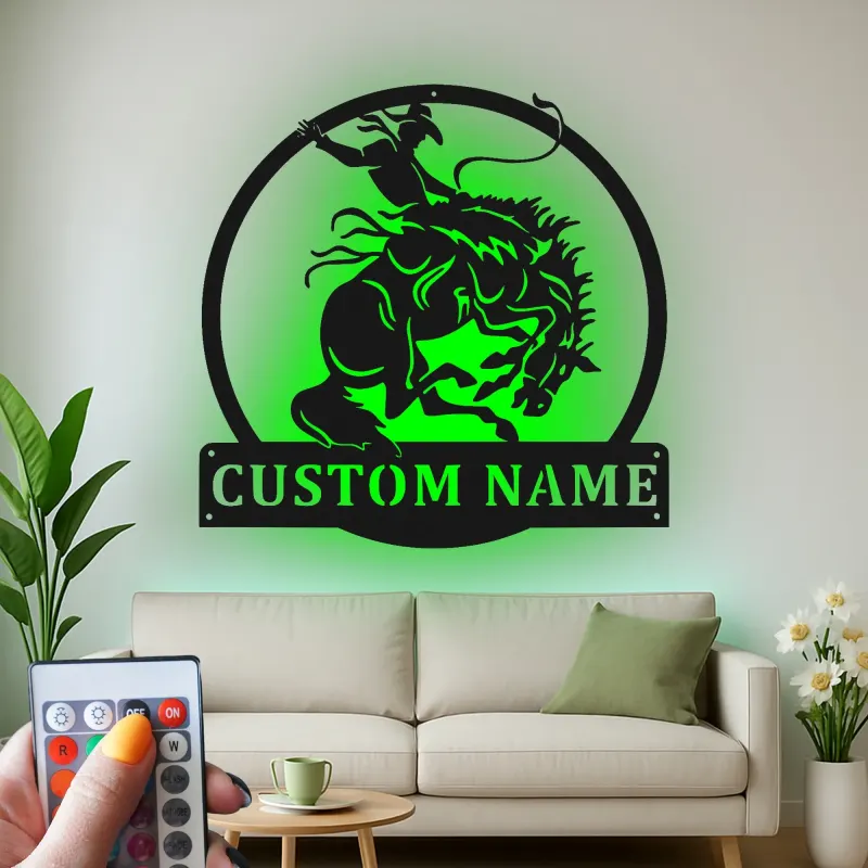 Custom Rodeo Cowboy Led Light Metal Wall Art Western Gift for Him Man Cave Rustic Decor