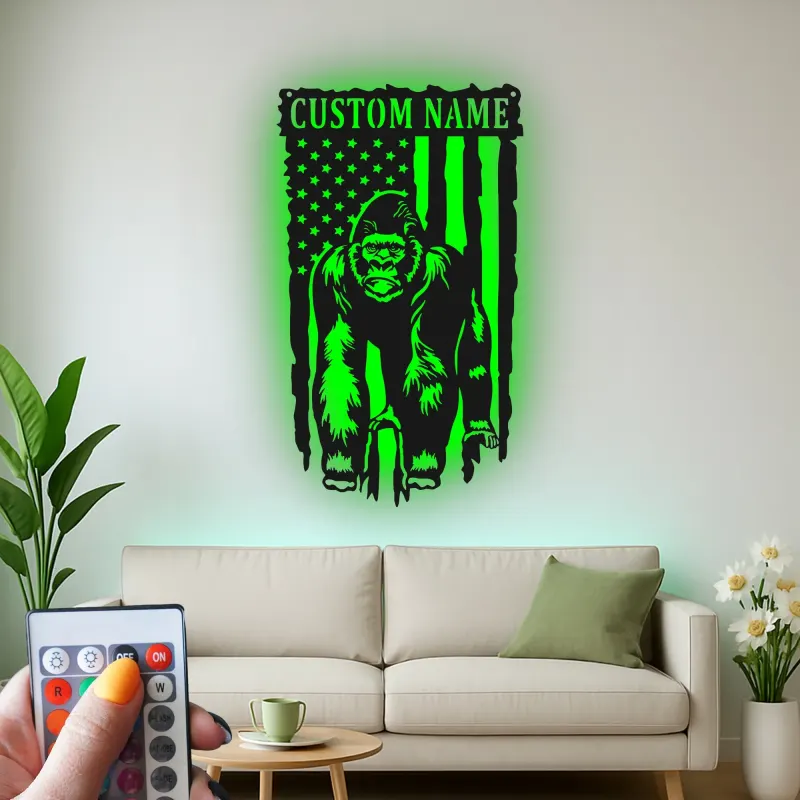 Panneau en métal personnalisé gorille | Décoration murale LED drapeau américain | Déco personnalisée pour man cave | Cadeau pour amoureux de la faune