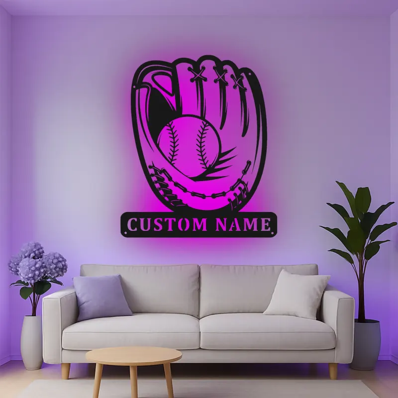 Custom Baseball Glove Led Light Metal Wall Art Personalized Sports Gift for Baseball Fans Game Room Decor