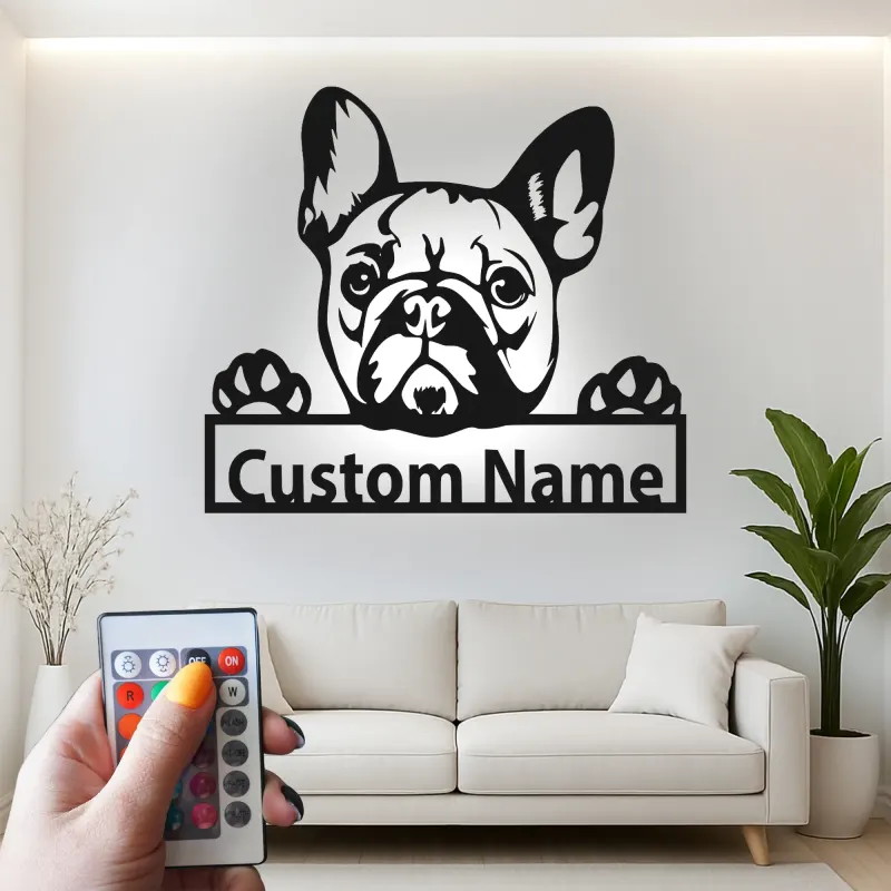 Cartel de metal LED de bulldog francés personalizado Regalo para amantes de los perros Decoración de sala de estar