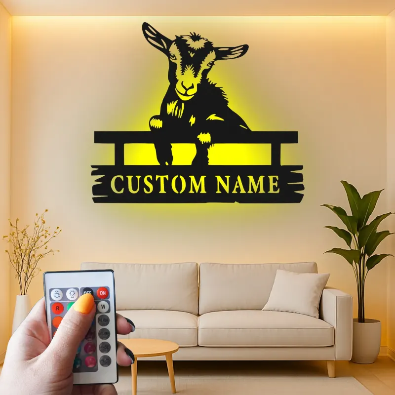Letrero de metal LED de cabra personalizado | Decoración farmhouse personalizada | Arte mural rústico de granja para agricultores