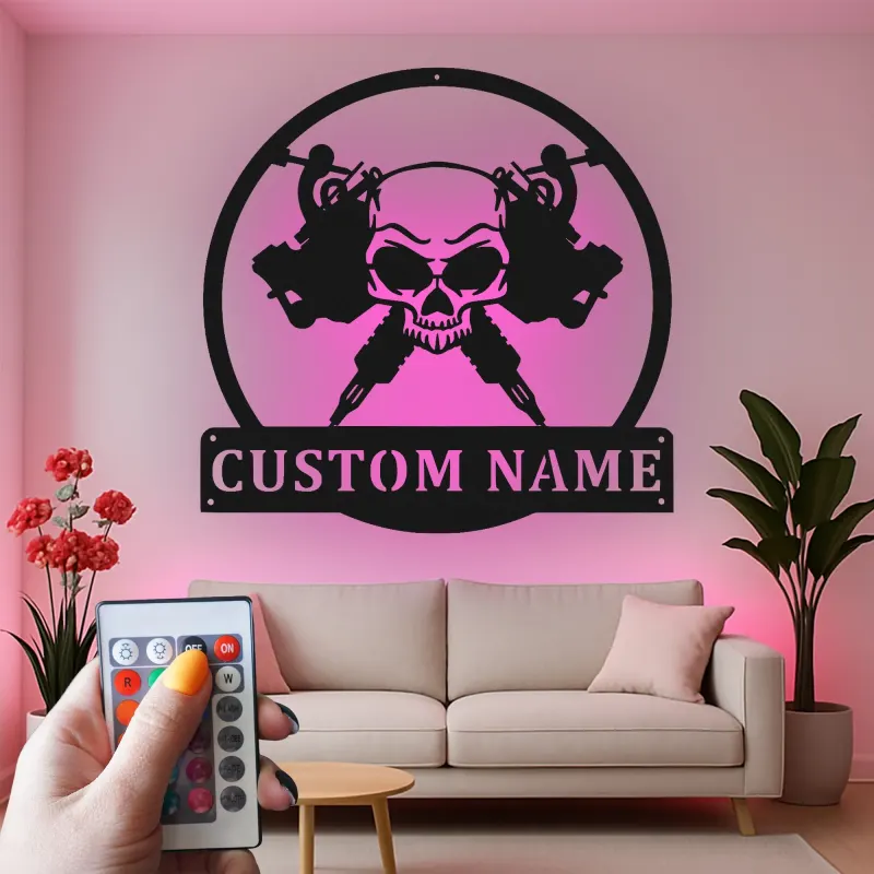 Tattoo Shop LED Sign | Personalized Skull Metal Art for Studios | Custom Tattoo Artist Name Wall Decor