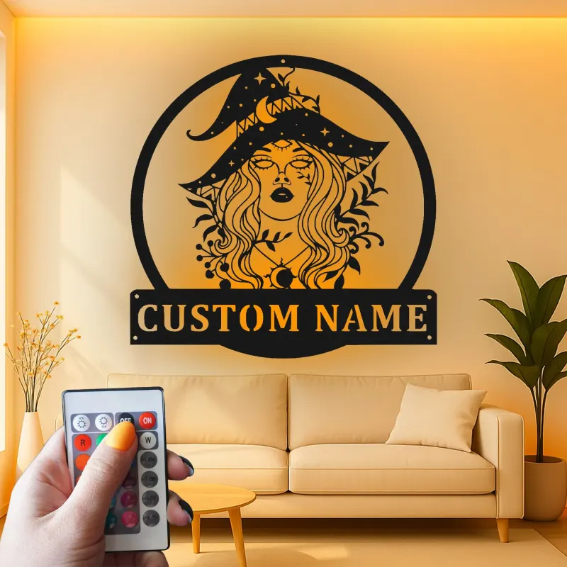 Cartel de metal personalizado con luz LED de bruja Regalo de Halloween personalizado Decoración encantadora para brujas