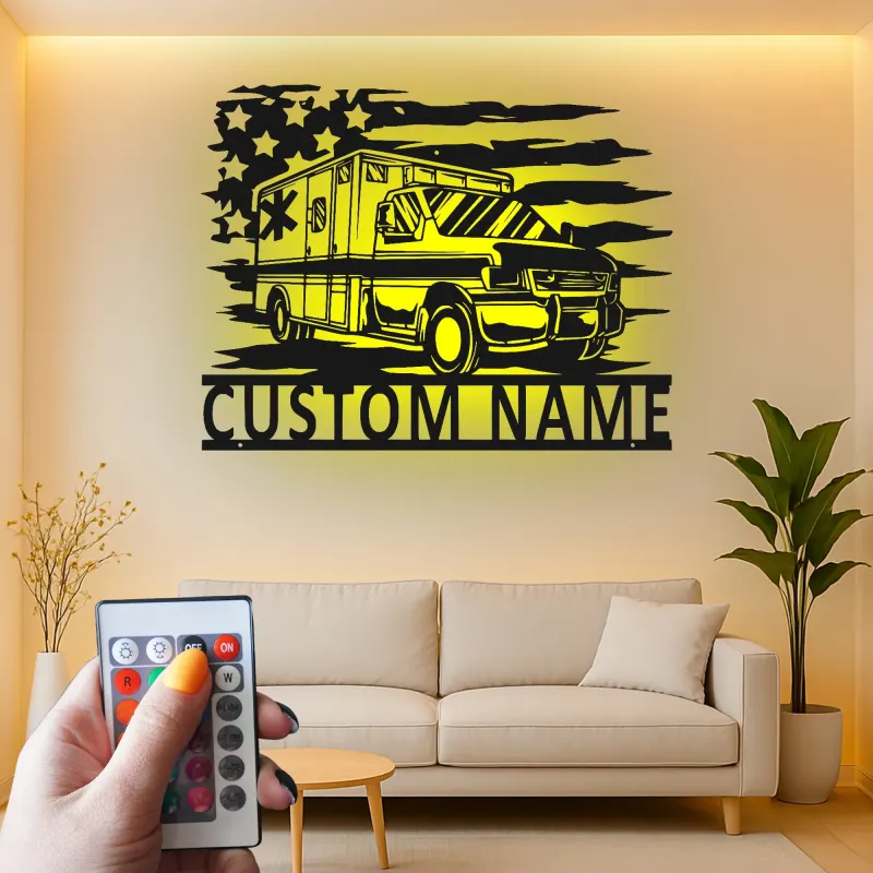Décoration murale en métal personnalisée avec éclairage LED Ambulance - Cadeau personnalisé pour les EMTs et décoration de bureau des services d'urgence