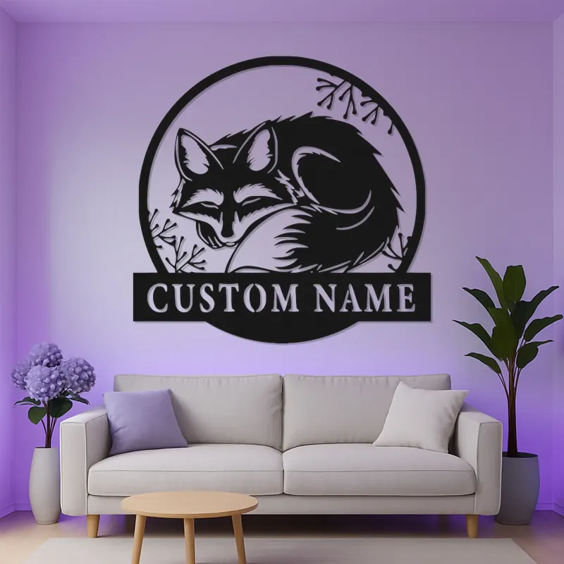 Insegna in metallo LED personalizzata con volpe | Decorazione boschiva su misura per cameretta e baita | Regalo per amanti degli animali