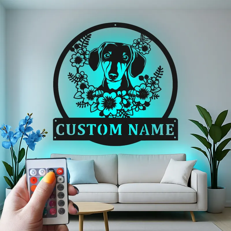 Cartel de metal LED personalizado de Dachshund, regalo para amantes de los perros, decoración para el salón