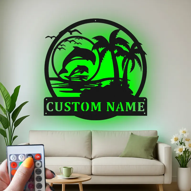 Personalisierte Delfin- und Palmen LED-Metall-Wandkunst – Geschenk für Strandliebhaber, tropische Deko fürs Wohnzimmer