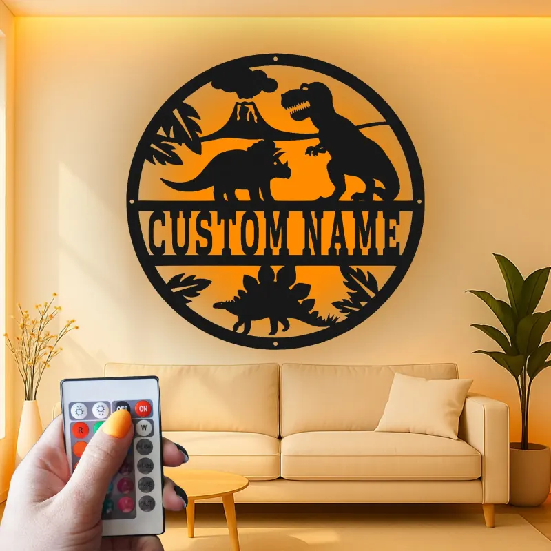 Insegna in metallo LED personalizzata con dinosauro per decorare la stanza dei bambini, regalo per la nursery per amanti dei dinosauri