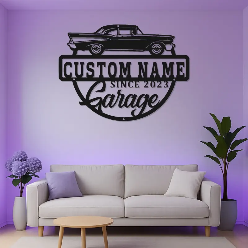 Enseigne LED en métal voiture classique personnalisée | Déco de garage vintage personnalisée | Art mural rétroéclairé pour man cave | Cadeau unique pour passionnés d’auto