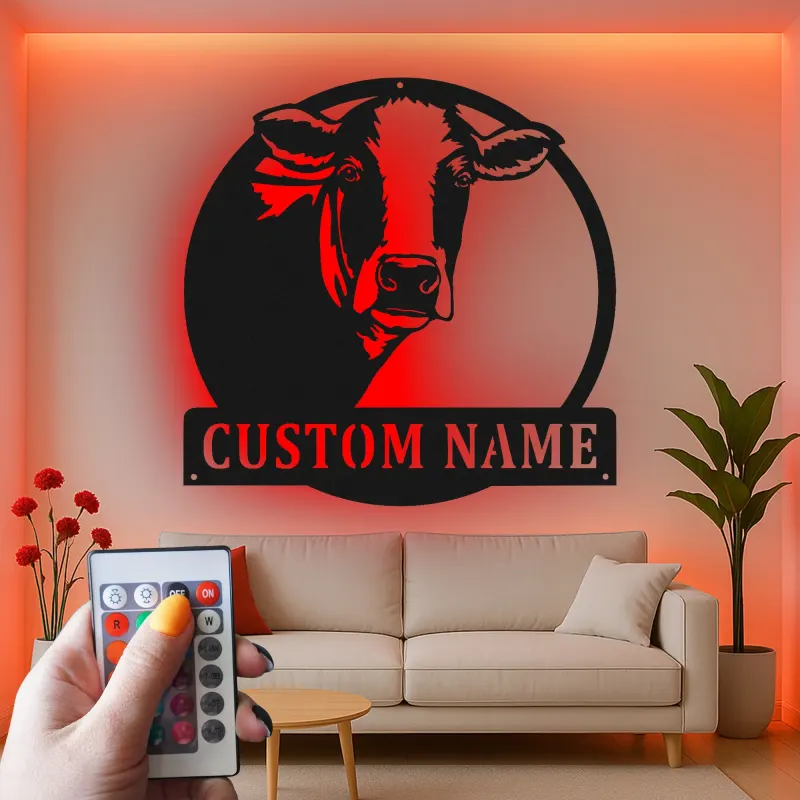Personalisierte Kuh LED-beleuchtete Metall-Wandkunst – Geschenk im Landhausstil, rustikale Deko für Küche oder Scheune