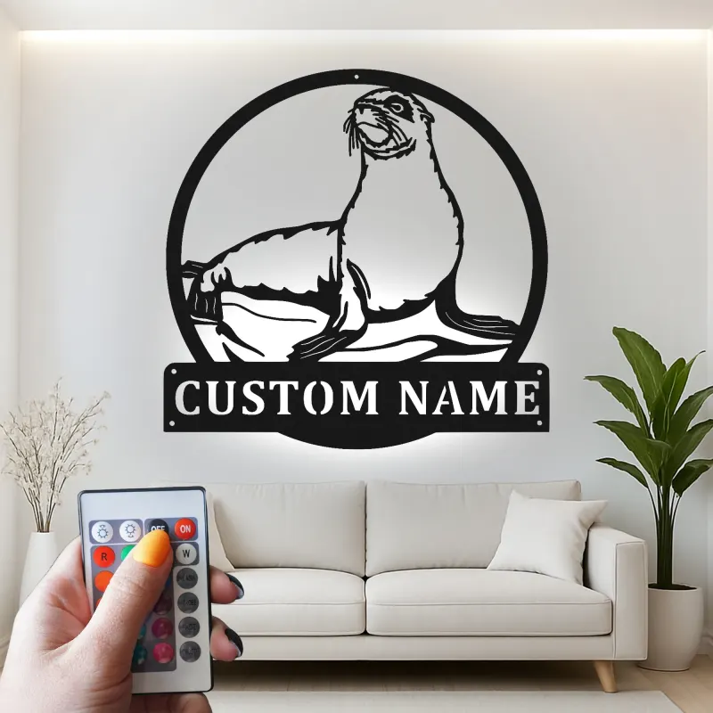 Custom Sea Lion Metal Wall Art | LED Light Nautical Decor | Personalized Ocean Lover Gift | Marine Life Name Sign