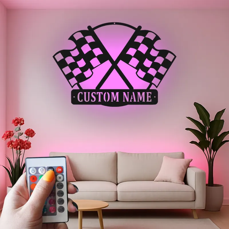Panneau LED personnalisé drapeaux de course croisés | Décoration murale en métal à damier | Cadeau déco garage personnalisé