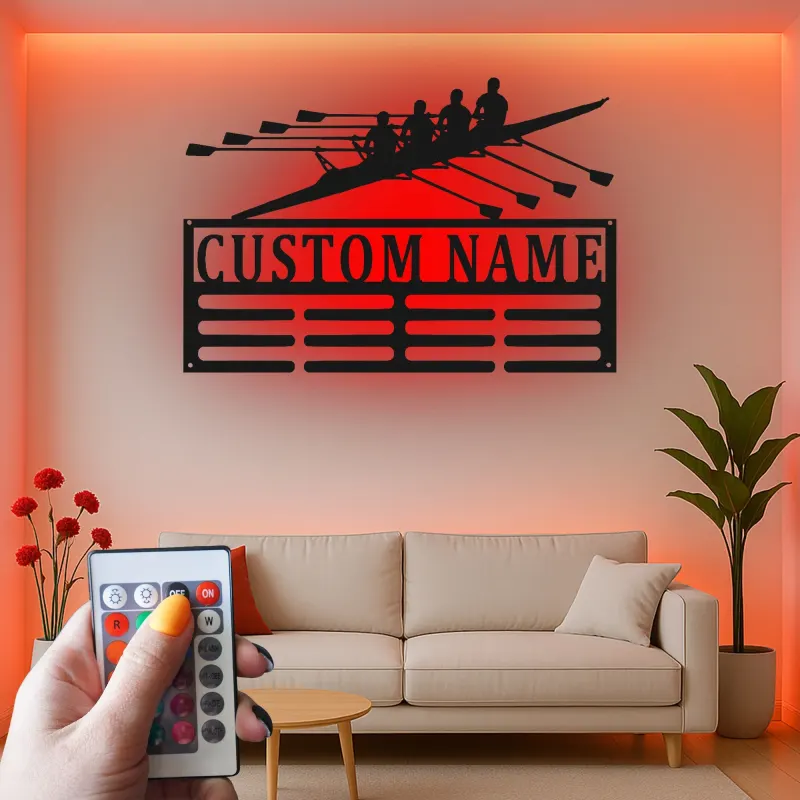Personalisierte Ruder-Team-Schild | Individuelle Ruder-LED-Metall-Wandkunst | Geschenk für Trainer | Bootshaus- & Fitnessstudio-Dekor