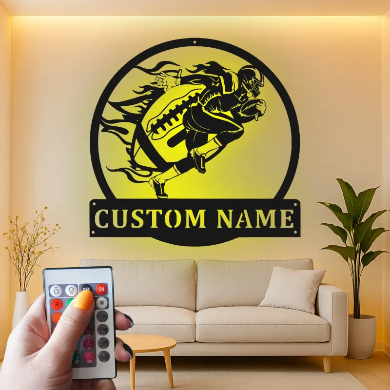 Cartel de metal personalizado de jugador de fútbol americano | Arte mural LED personalizado para habitación infantil | Regalo decorativo para deportistas en día de partido