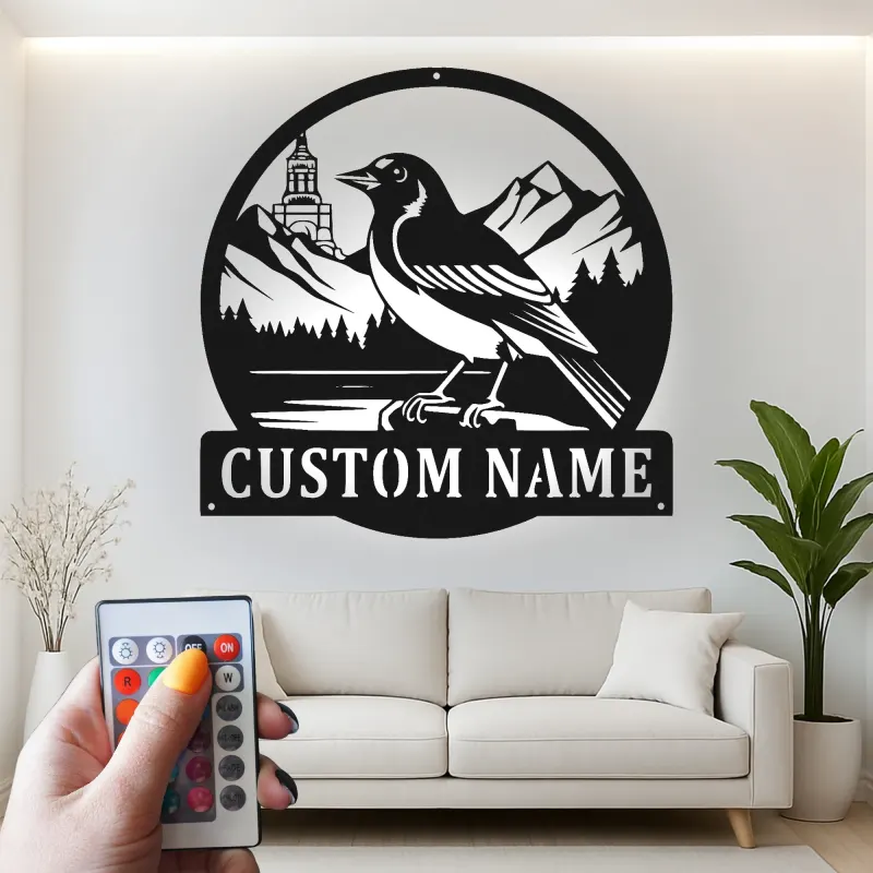 Custom Magpie Mountain Scene Led Light Metal Wall Art Personalized Nature Lover Gift Rustic Home Decor