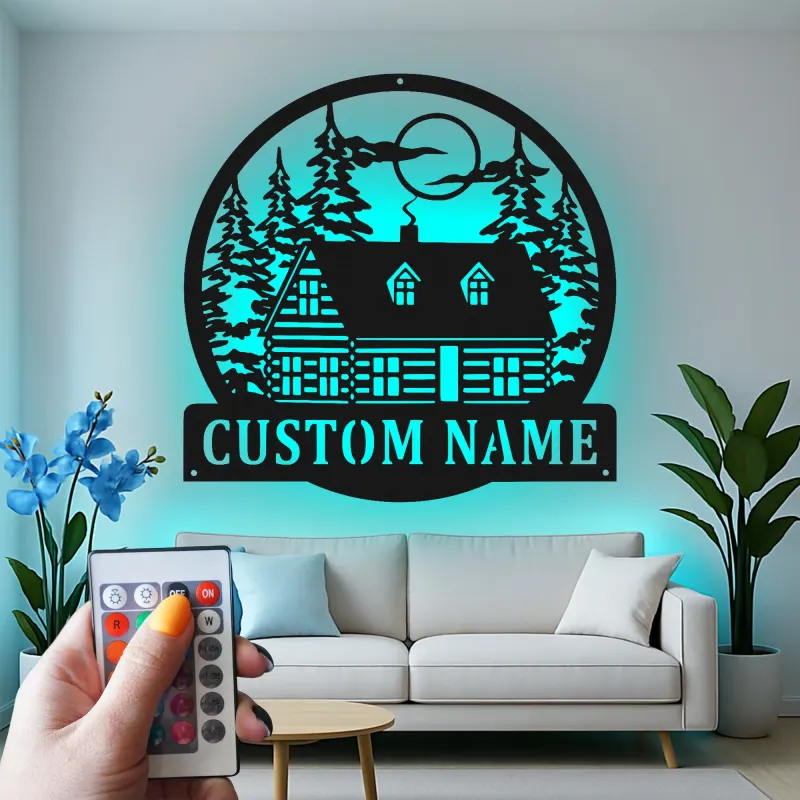 Custom Cabin in the Woods Led Light Metal Wall Art Personalized Housewarming Gift Rustic Home Decor