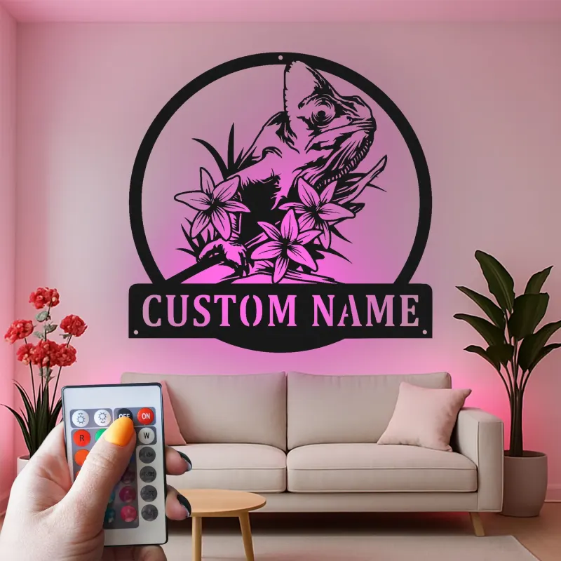 Insegna in Metallo LED Personalizzata a Tema Camaleonte - Regalo Unico per Amanti dei Rettili per Decorare la Camera o il Soggiorno 2