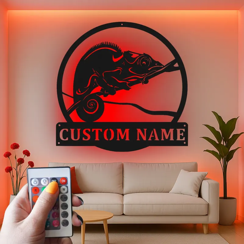 Insegna in metallo personalizzata con luce LED a forma di camaleonte, regalo unico per amanti dei rettili, decorazione per camera da letto