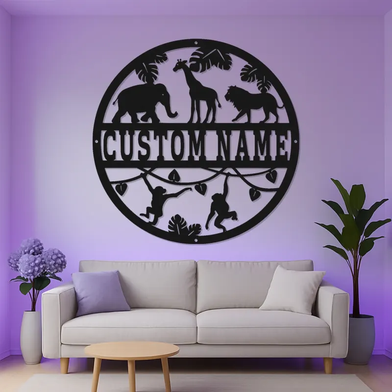 Insegna con Nome Safari Personalizzata | Arte da Parete in Metallo LED per Nursery | Decorazione per Stanza dei Bambini a Tema Giungla | Regalo per Baby Shower Personalizzato