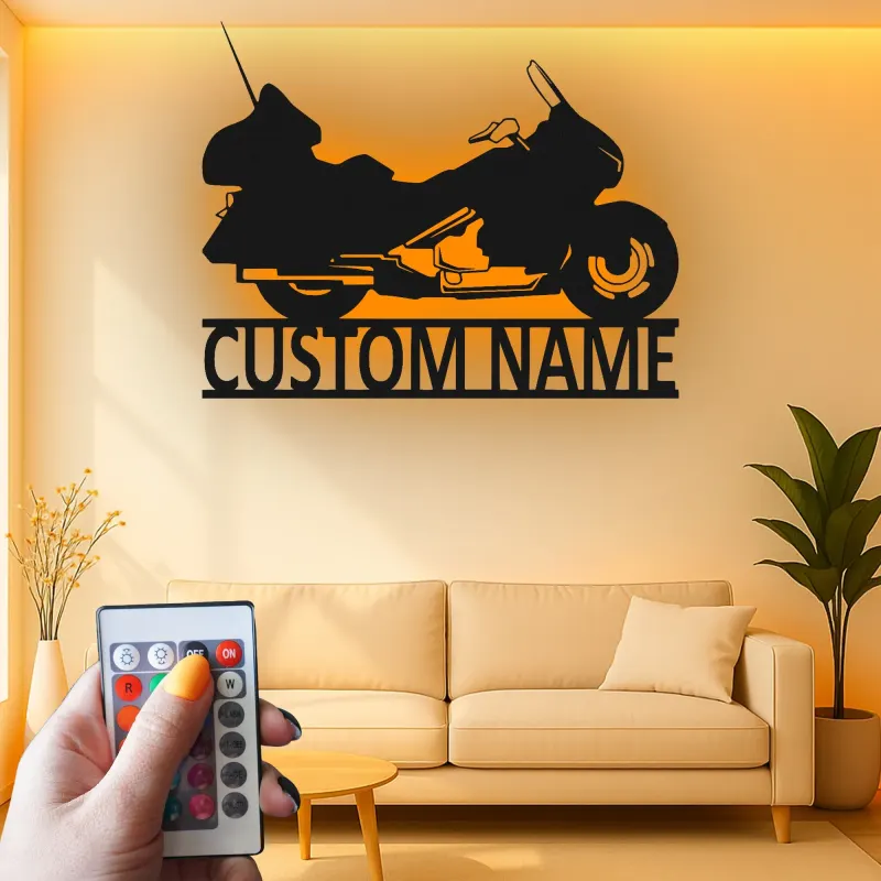Personalized Motorcycle Metal Wall Art | Custom Biker Name Sign with LED | Touring Bike Garage Decor for Rider