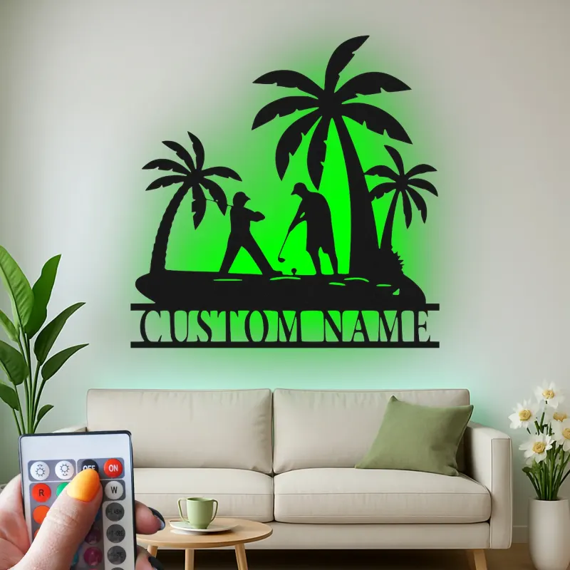Custom Golf LED Sign | Personalized Metal Wall Art for Man Cave | Tropical Golfer Gift for Dad | Home Bar Decor