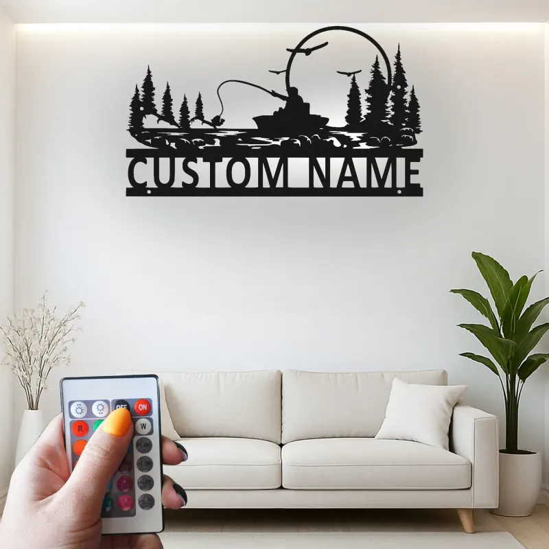 Cartel de pesca personalizado con luz LED | Arte mural de metal personalizado para casa de campo | Regalo para pescador y angler