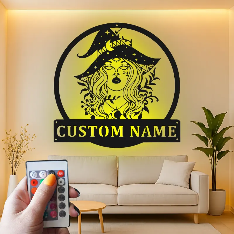 Cartel de metal personalizado con luz LED de bruja Regalo de Halloween personalizado Decoración encantadora para brujas