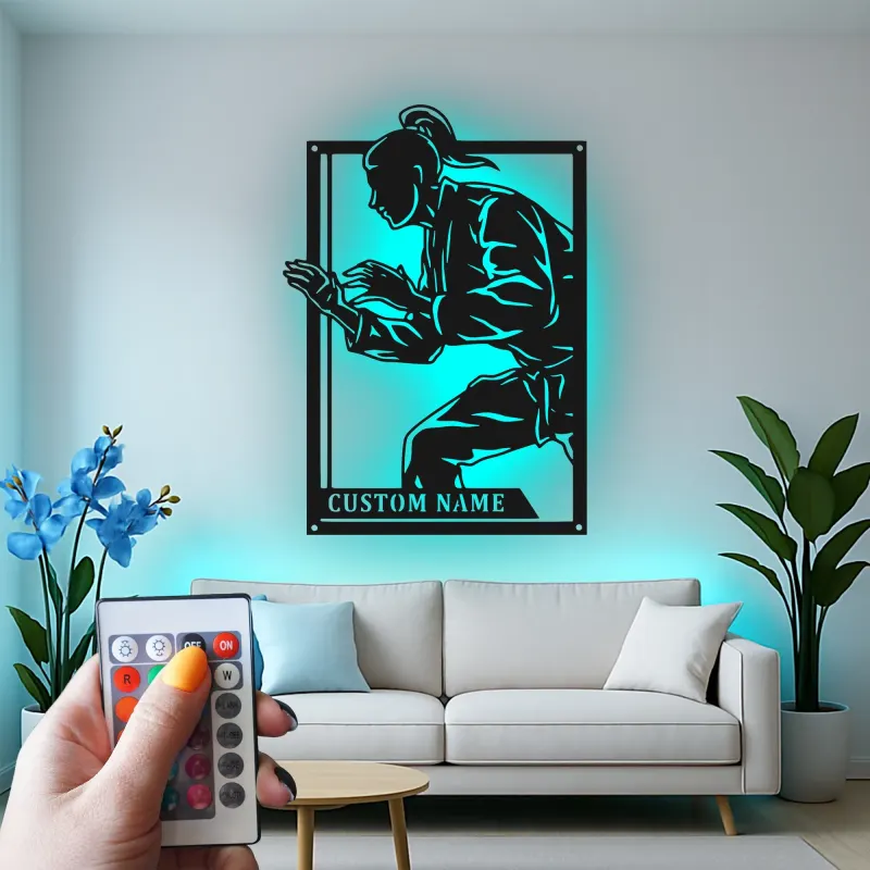 Panneau LED personnalisé de combattant de karaté | Décoration murale en métal des arts martiaux personnalisée | Décor de dojo et de gym pour passionnés