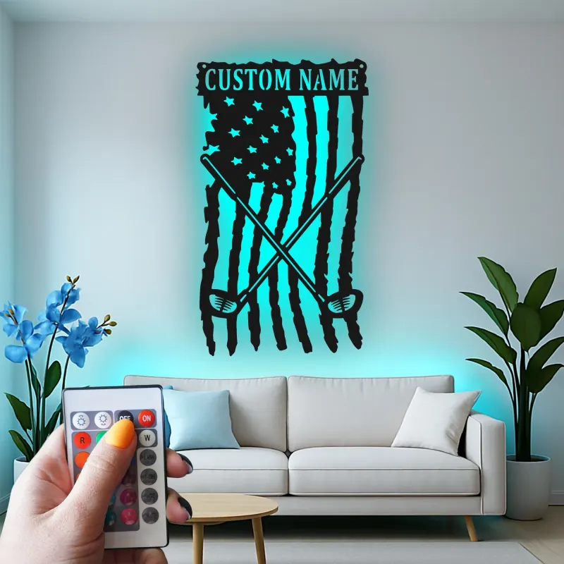 Custom Golf American Flag LED Sign | Personalized Metal Wall Art | Golfer Name Decor for Man Cave & Office | Hand-Crafted Patriotic Gift