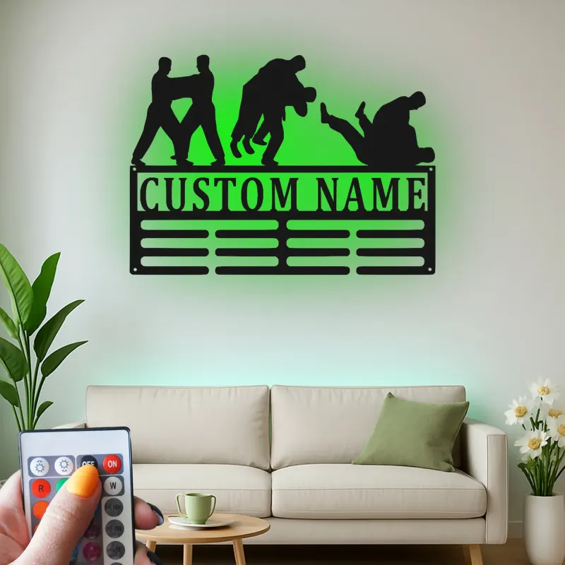 Cartel de metal personalizado de BJJ | Colgador de medallas de artes marciales con LED | Decoración personalizada para gimnasio de jiu-jitsu | Regalo para grappling