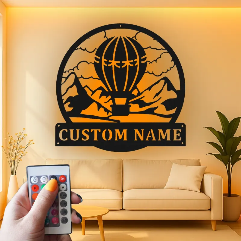 Insegna a forma di mongolfiera personalizzata | Arte in metallo LED per nursery | Decorazione avventurosa con nome personalizzato | Regalo per amante dei viaggi