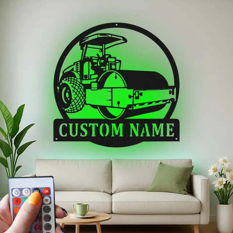 Cartel de metal LED de rodillo de carretera | Decoración mural de vehículo de construcción personalizada | Regalo personalizado para operadores de garaje