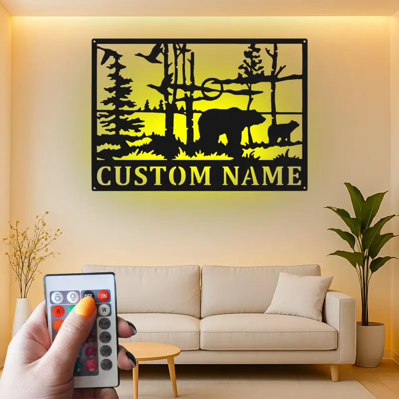 Custom Bear Forest Scene Led Light Metal Wall Art Personalized Wildlife Gift Cabin Decor for Nature Lovers